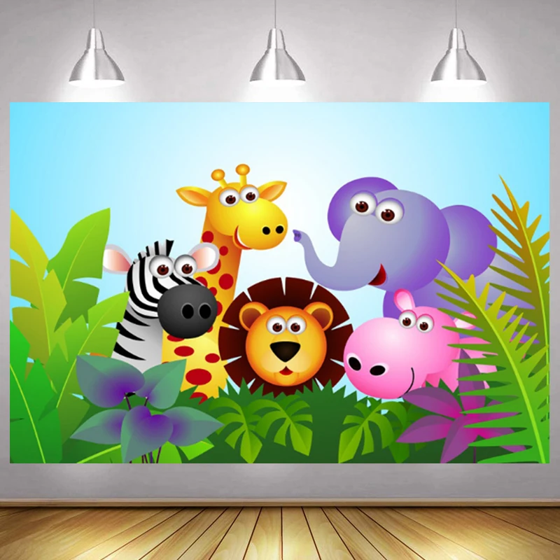 

Cartoon Lion Panda Elephant Backdrop Kids Happy Birthday Party Photo Background Newborn Baby Shower Cake Decor Custom Banner