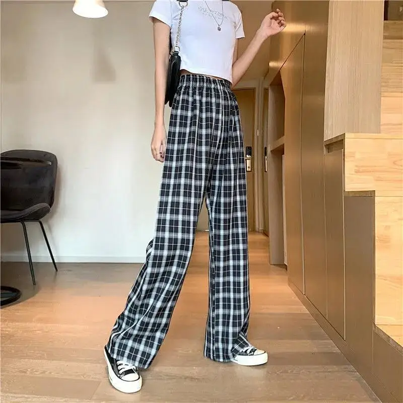 

WEPBEL Women Baggy Trousers Ladies Elastic High Waist Plaid Check Long Pants Casual Harlan Style Wide Leg Pants Streetwear