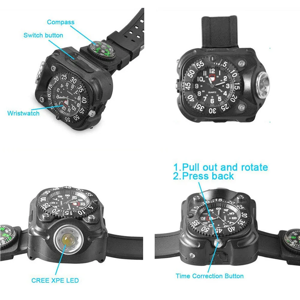 

3-in-1 Outdoor Sports Rechargeable Bright LED Flashlight Compass Wrist Watch