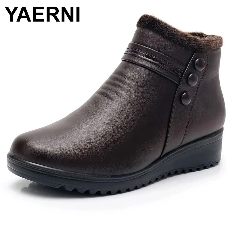 

YAERNI New Women Shoes Woman Genuine Leather Flat Ankle Boots elderly Plus size Warm Snow Boots Mother Cotton Shoes Black Brown