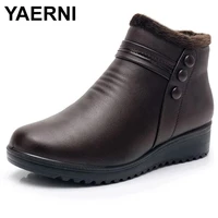 yaerni new women shoes woman genuine leather flat ankle boots elderly plus size warm snow boots mother cotton shoes black brown