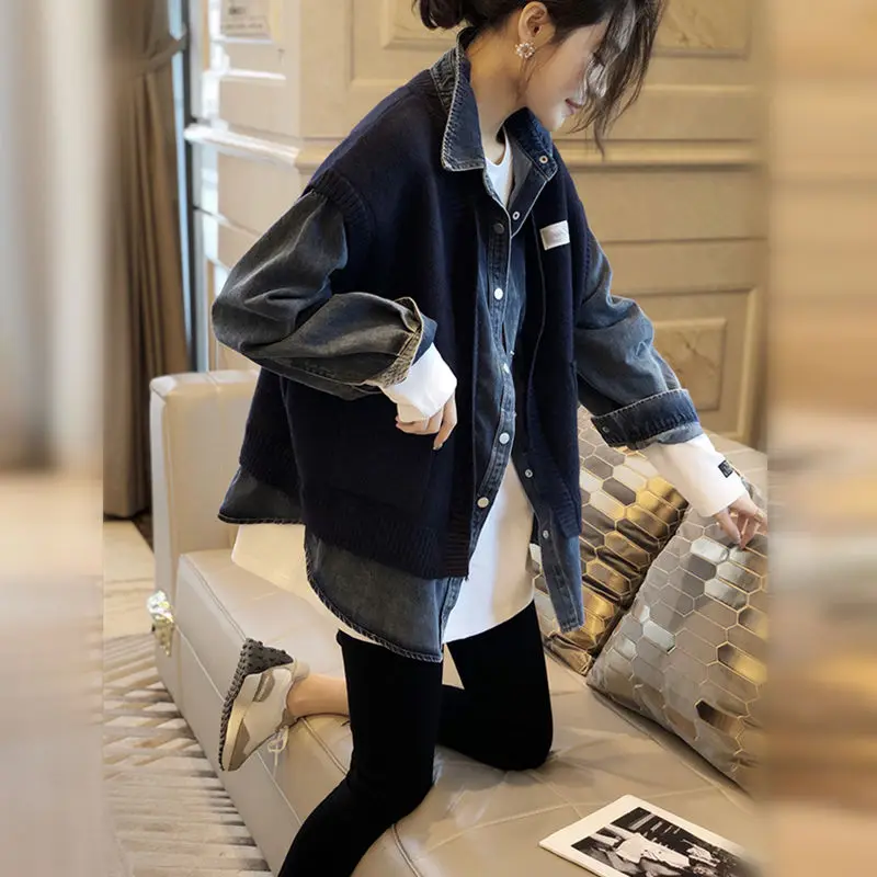 

Fashion Denim Shirt Jacket 2021 New Spring And Autumn Women 's Clothing Fake Two - Piece Knitted Cardigan