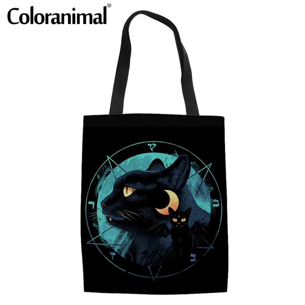 

Лидер продаж, Женская холщовая сумка-шоппер Coloranimal для хранения, эко-сумка, крутая льняная женская сумка-тоут с принтом черной кошки