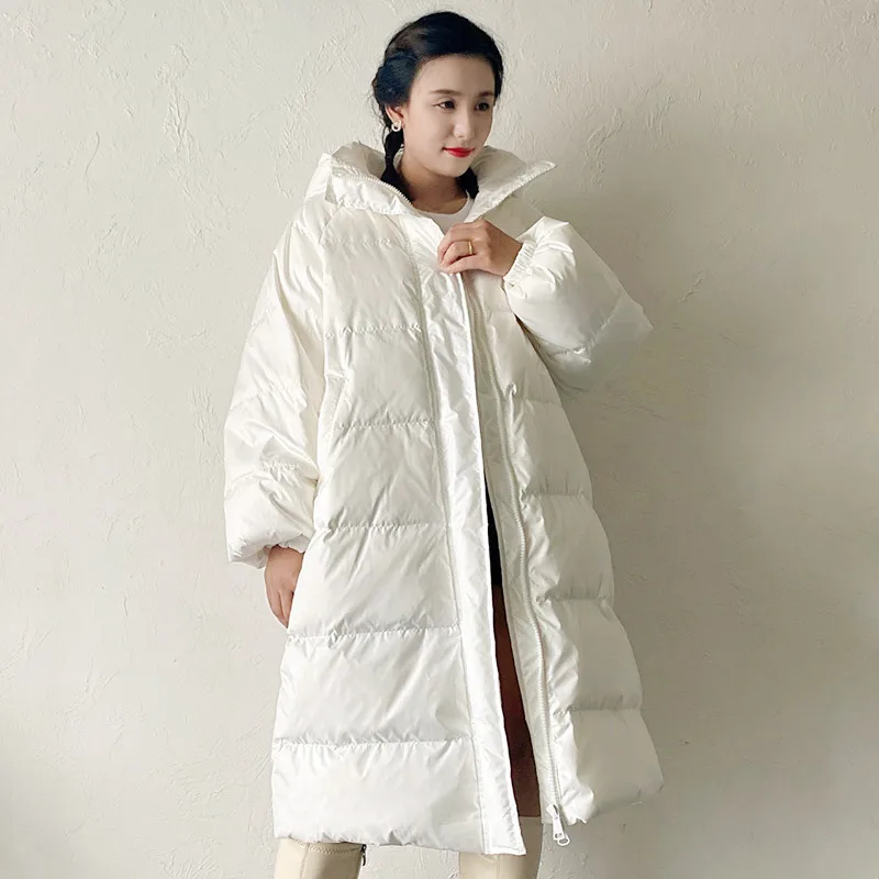 2021 women's down jacket winter white office lady long loose large size fashion white duck down casual large fat lady hood coat