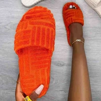 2021 summer flat furry slippers women thick sole open toe orange color mules outdoor comfort leisure beach shoes for girls