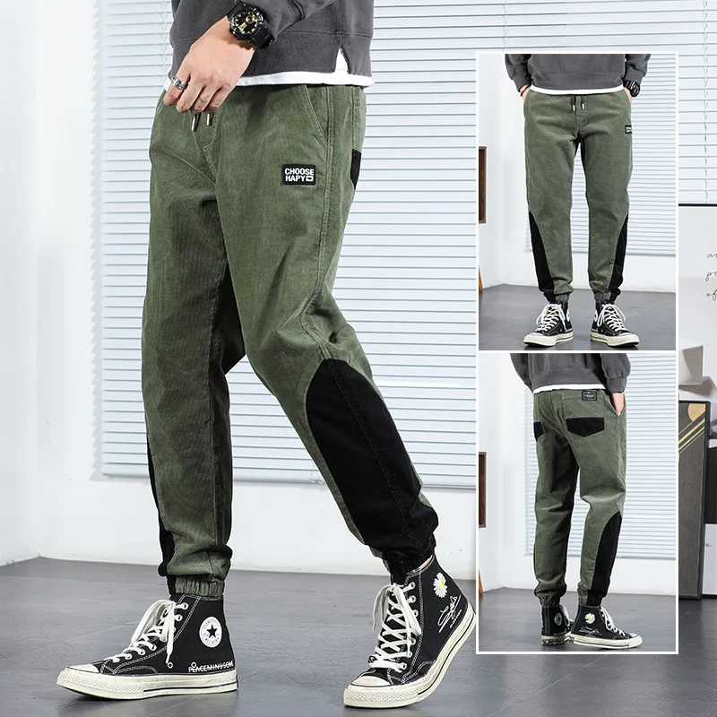 

2021 Elastic Waist Corduroy Casual Pants Men's Spring/Autumn Color Matching Loose Harem Pants Trendy Versatile Sports Long Pants