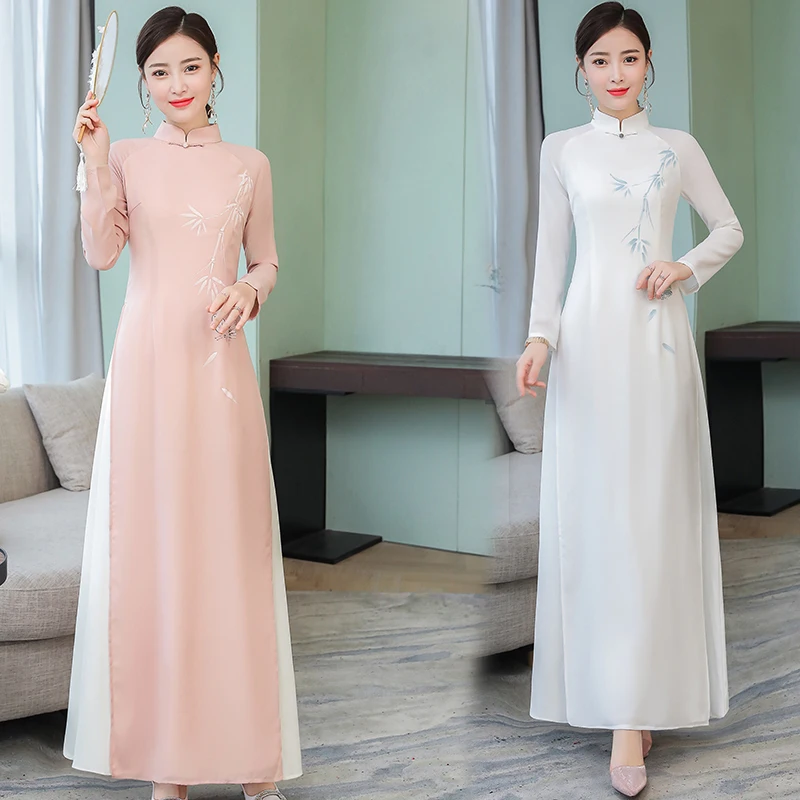 Вьетнамский Ао Дай платья Cheongsam народный стиль шифон Aodai Dulce стоячий воротник