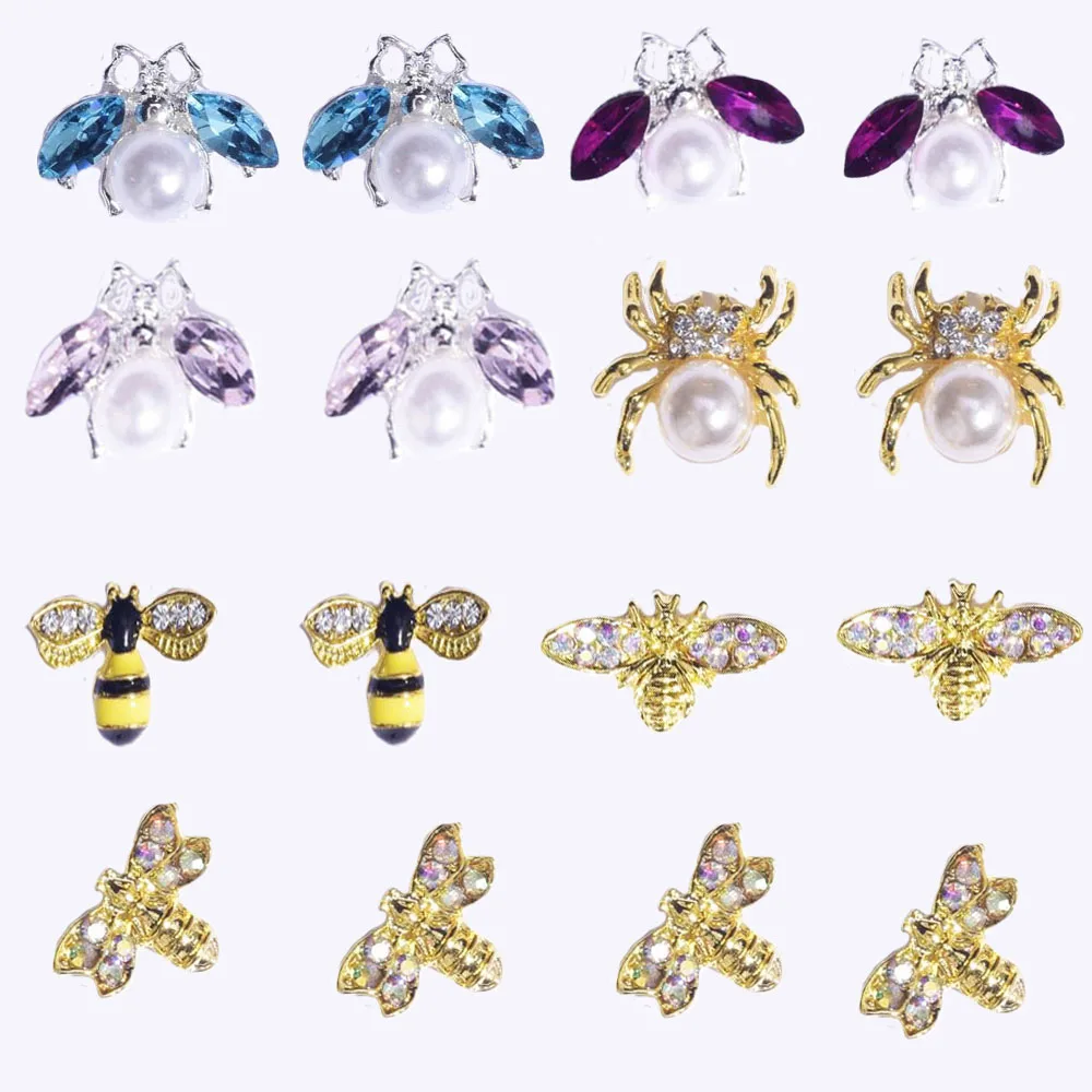 

10pcs/bag Metal Alloy Bee Shape 3D Nail Art Decorations Gold Silver Jewelry Gems Pearl Charms Nail Rhinestones Accessories JE387