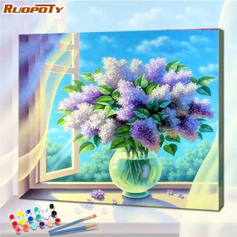 

RUOPOTY Flower The window Acrylic Drawing DIY Painting By Numbers Hand Painted Oil Painting Wall Art Picture Unique Gift