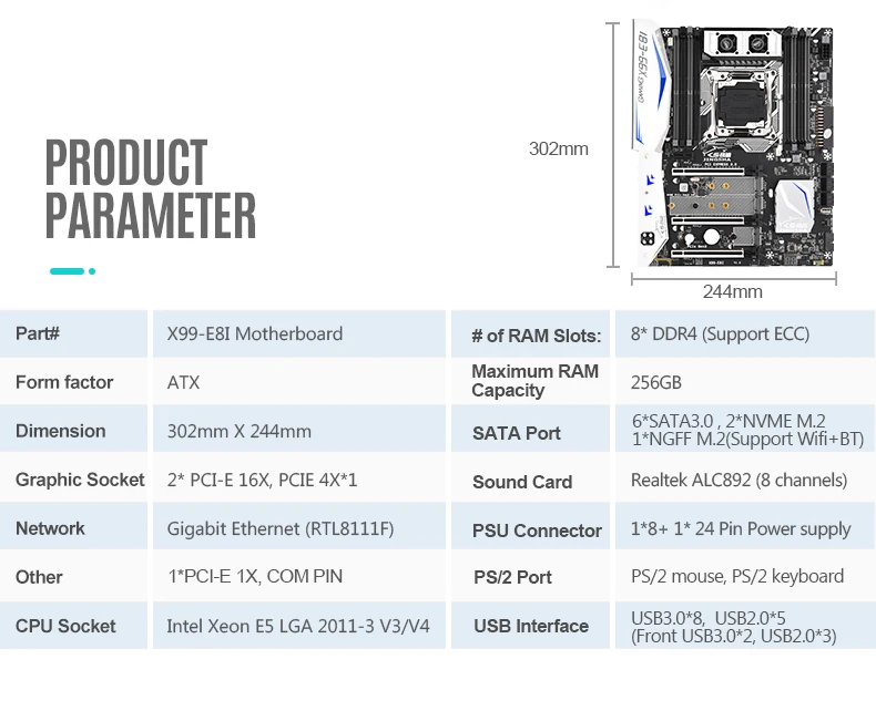 JINGSHA X99 E8I материнская плата Поддержка Intel Ксеон E5 LGA2011 3 V3/V4 Процессор DDR4 память ECC REG