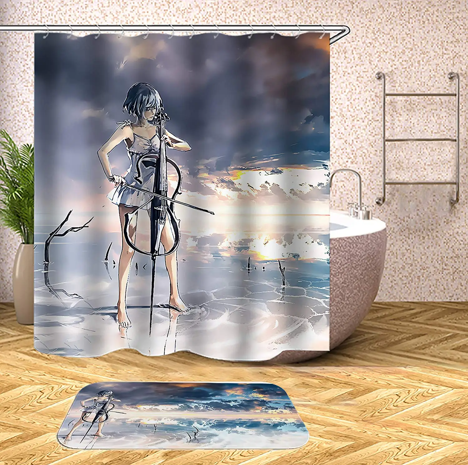 Милая девушка играть Виолончель над облаком занавеска для ванной | Дом и сад