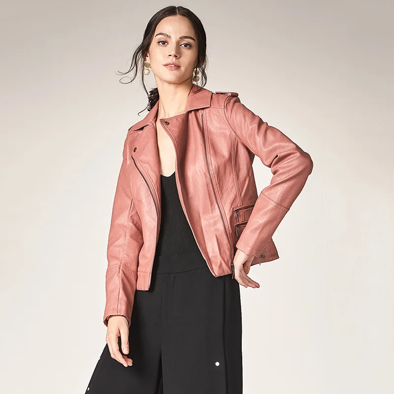 Женская байкерская куртка из искусственной кожи розовая Классическая модная