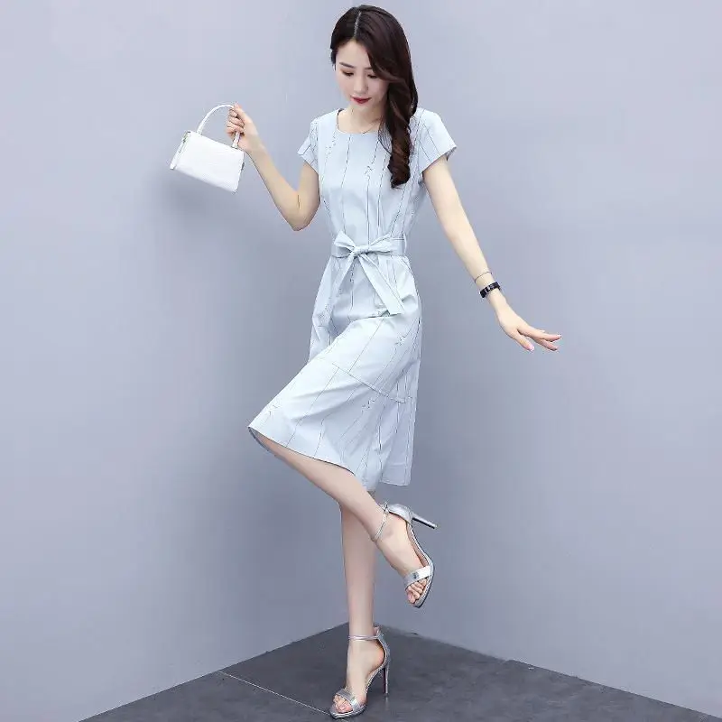 

Women Spring Summer Style Dress Women's O-Neck Short Sleeve Sashes Striped Fashion Slim Temperament Ladies Dress SS3039