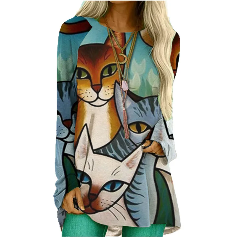

Autumn Women Cartoon Cats Print Long Sleeve Cotton T-shirt 2020 New Casual O-Neck Loose Tshirts Female Streetwear Tops 2XL