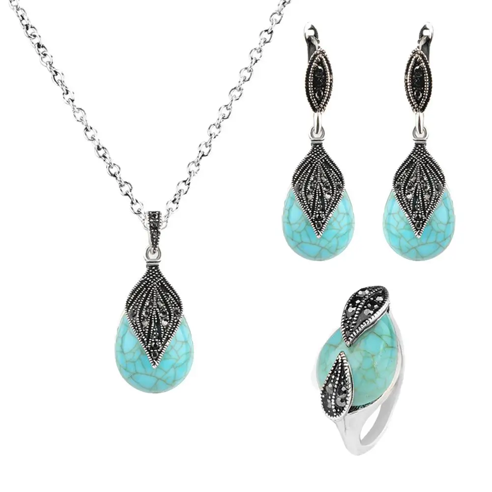 Jewelry Sets African Bridal Leaf Water Drop Faux Turquoise Pendant Necklace Ring Earrings Women Fashion Jewellery Set | Украшения и