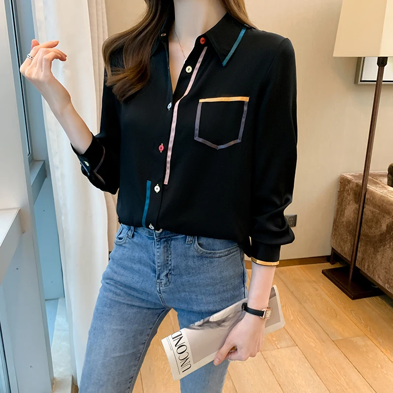 

Summer New Blouse Women's Clothing Polo Shirt Long Sleeve Fashion Solid Color Loose Stitching Girl Chiffon Casual