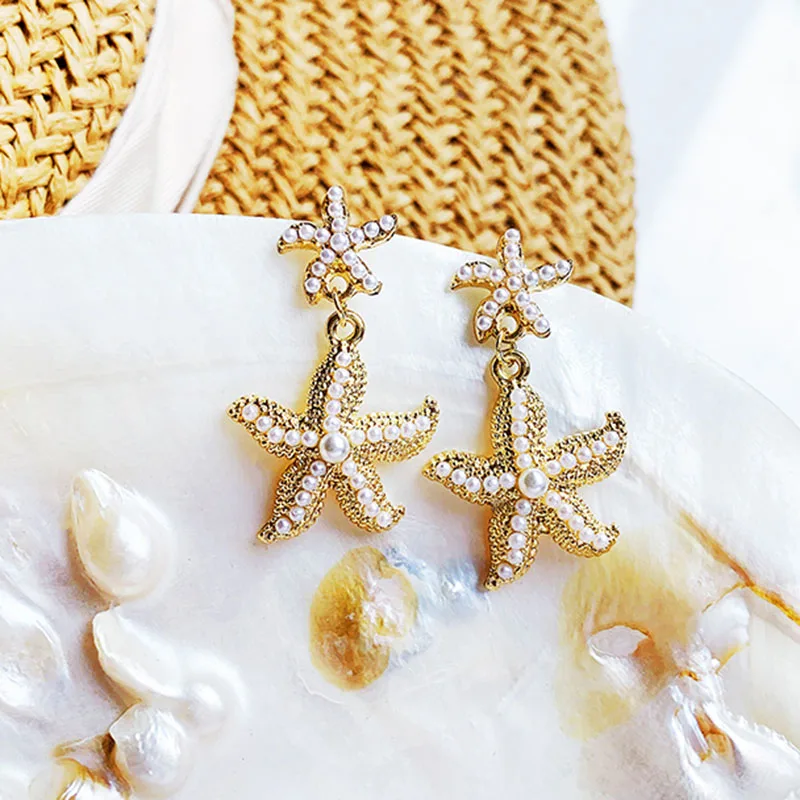 Женские серьги с жемчугом и морскими звездами | Украшения аксессуары