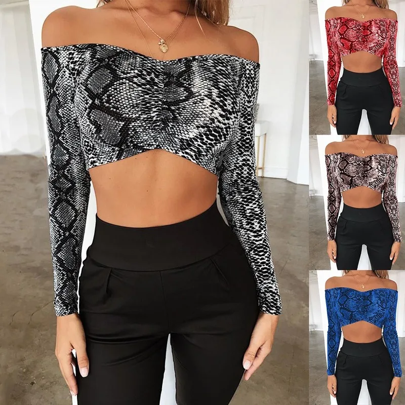 

2020 women shirts off the shoulder tops for women tops streetwear snake print crop top long sleeve shirt women sexy women tshirt