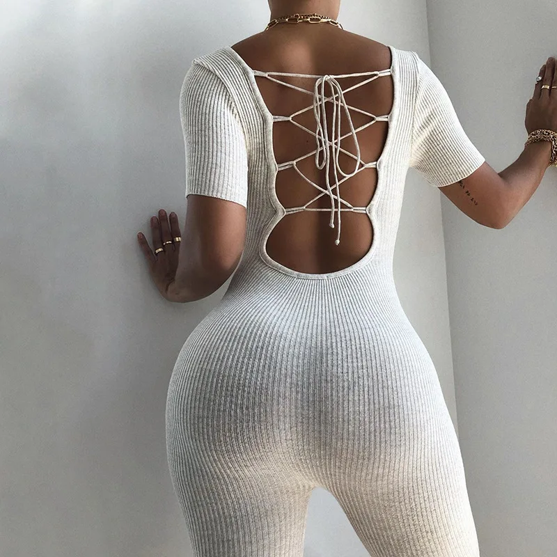 Женский сексуальный Облегающий комбинезон с открытой спиной Повседневный Белый