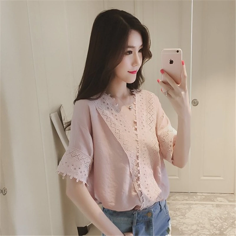Camisa de gasa de encaje holgada para mujer, Top de gasa de manga corta con cuello en V, versión coreana, verano 2020