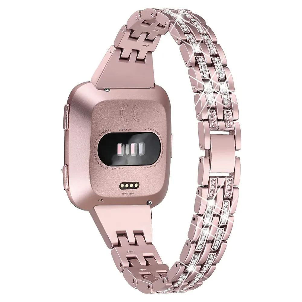 Slim Bling Bands for Fitbit Versa/Versa 2/Versa Lite Smartwatch Dressy Metal Bracelet Jewelry Wristband Women Rose Pink