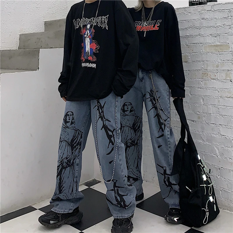 

2021 New Summer Fashion Ins Street Hip-hop Printing Wash Jeans Loose Casual Denim Wide Leg Pants Tide Woman