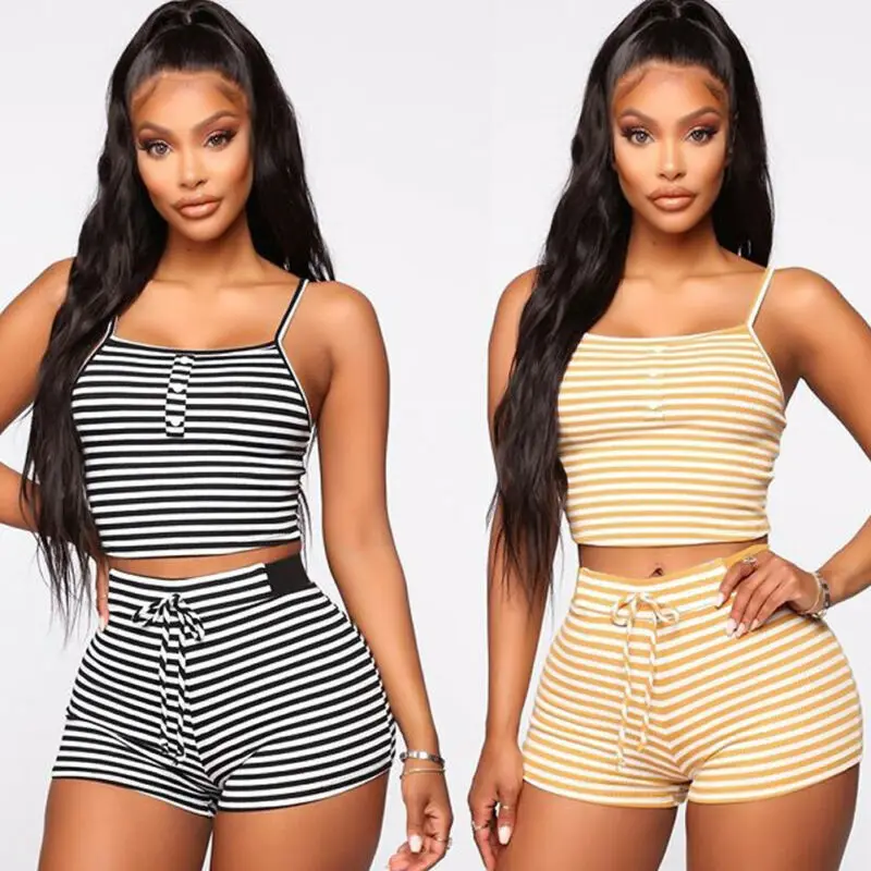 Женский укороченный топ в полоску без рукавов + шорты пляжный костюм с эластичной