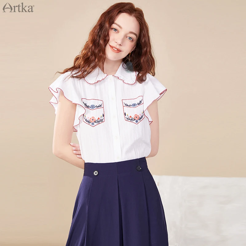 Женская блузка с рукавами-бабочками ARTKA белая Элегантная из чистого хлопка