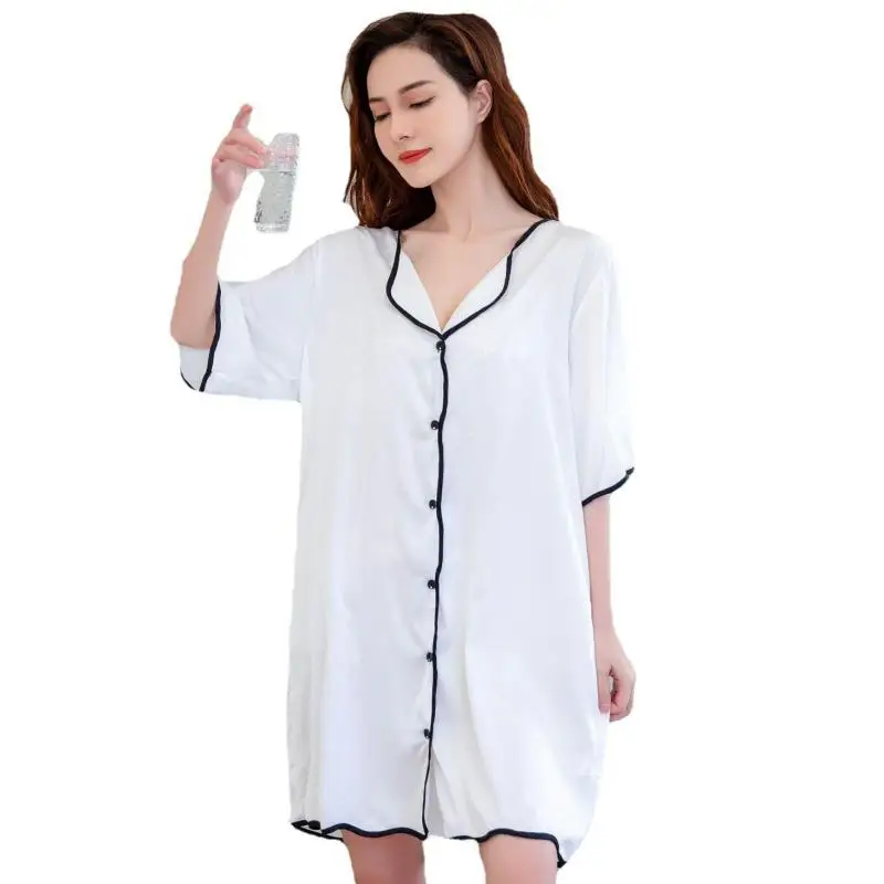 

Loose Women Nightshirt Satin Nightgown Sleepwear Casual Sleep Dress Home Dressing Gown White Nightwear Intimate Lingerie