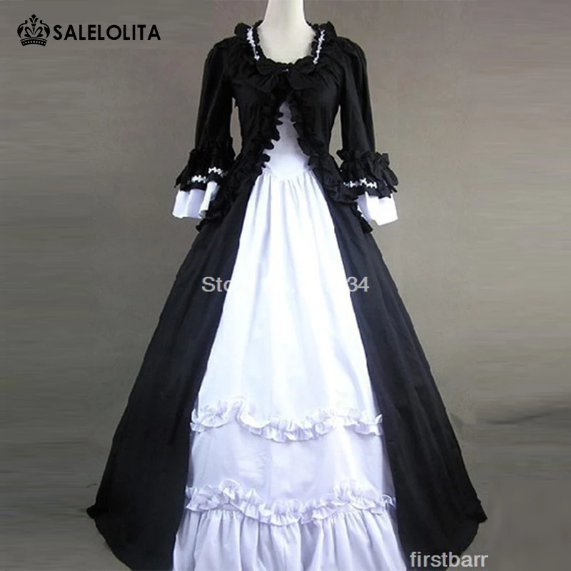 High Quality Black And White Long Sleeve Cotton Gothic Victorian Dress Women Vintage Victorian Day Party Dress vestido
