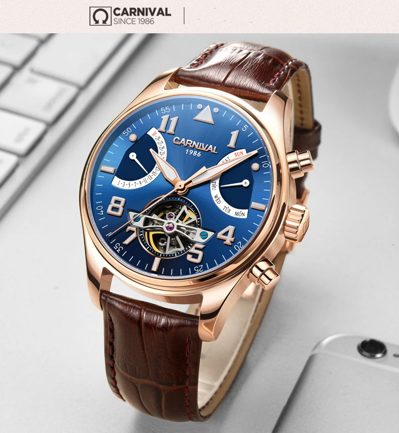 Tourbillon, мужские часы, розовое золото, чехол, синий циферблат, карнавал, автоматические часы, мужские, люксовый бренд, механические часы, Мода
