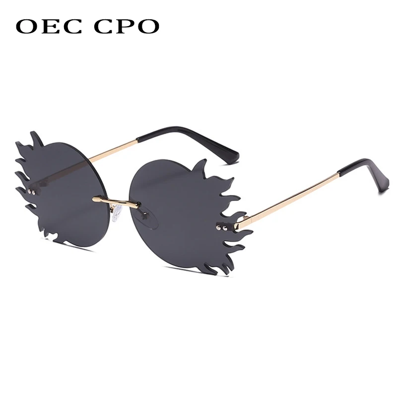 OEC CPO New Rimless Round Sunglasses Women Fashion Fire Flame Frameless Men Vintage Punk Glasses Ladies Shades UV400 | Аксессуары для