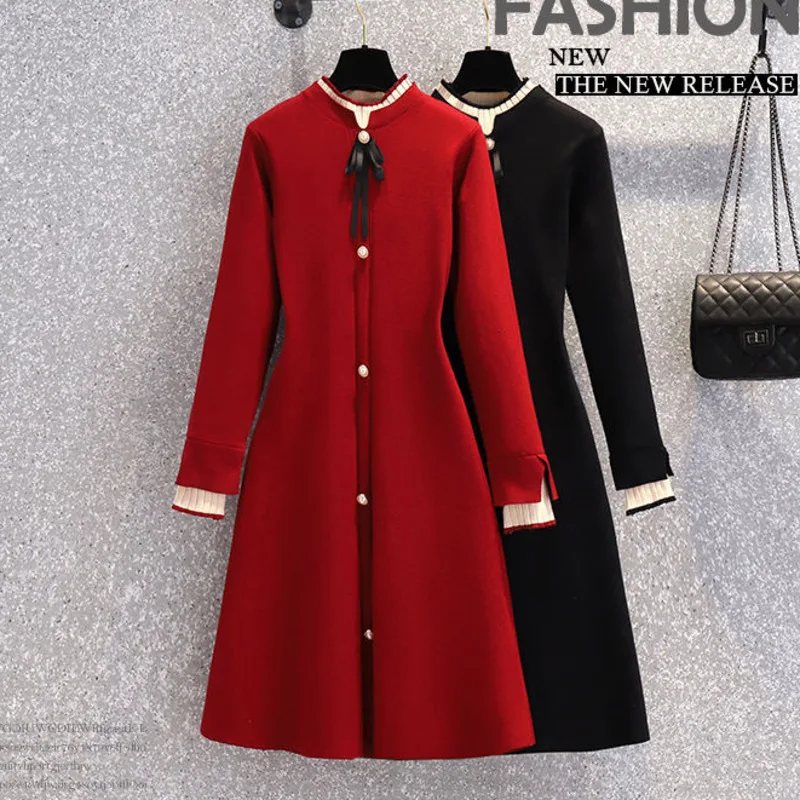 

2022 New Spring Autumn Elegant Knitted Sweater Dress Women Korean Fashion Casual Fake Two Piece Party Dress Robe Femme Vestidos