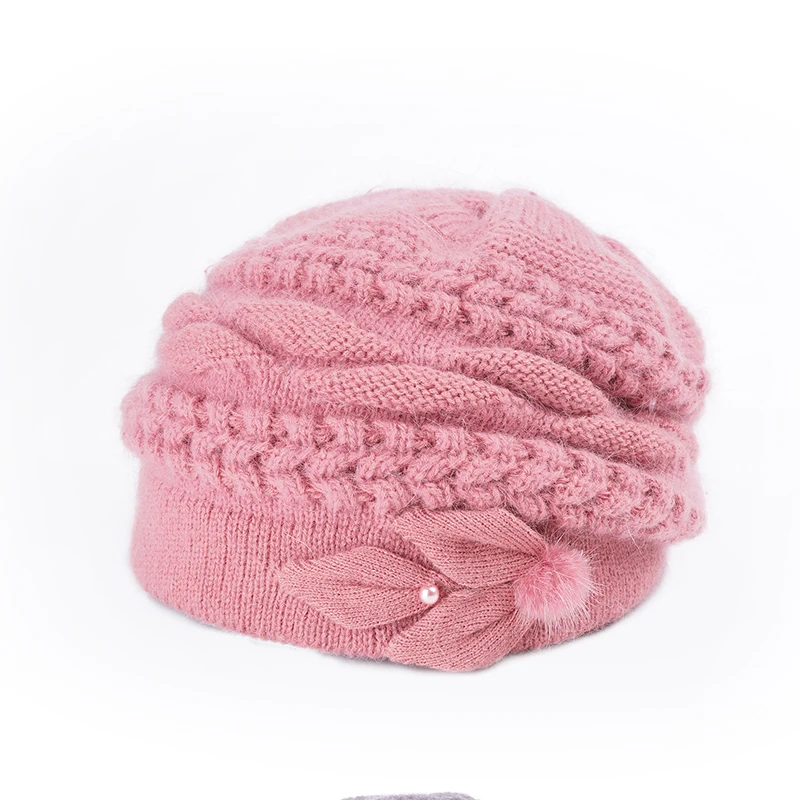dark pink Женские шапки; сезон осень-зима шерстяные вязаные шапки двухслойная термозащита ушей для среднего возраста из шерсти кролика шапочки D303 - Цвет: dark pink