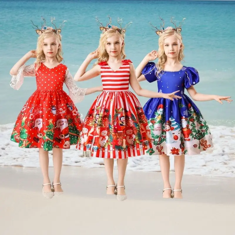 Детское бальное платье для девочек с принтом в виде снежинок и деда мороза 2021 |