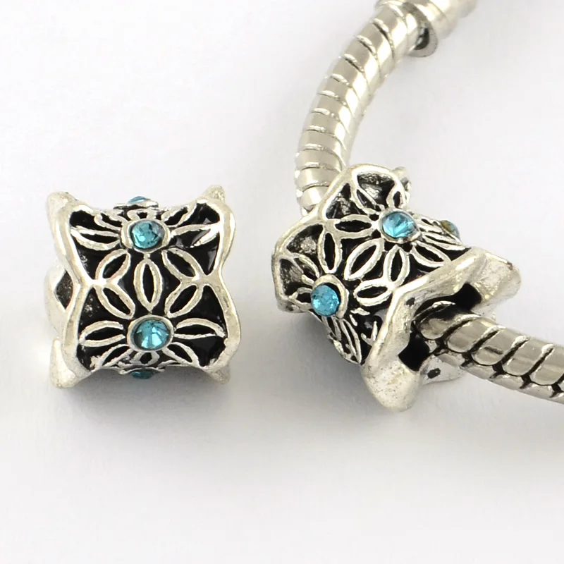 50pcs Antique Silver Plated Alloy Rhinestone Large Hole European Beads Rondelle with Leaf Mixed Color 9x7mm | Украшения и