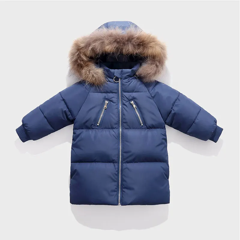 -Blue- Детская куртка, одежда Новинка года, Детская пуховая верхняя одежда длинная детская одежда пуховые пальто с меховым воротником плотное пальто для маленьких мальчиков и девочек - Цвет: -Blue-