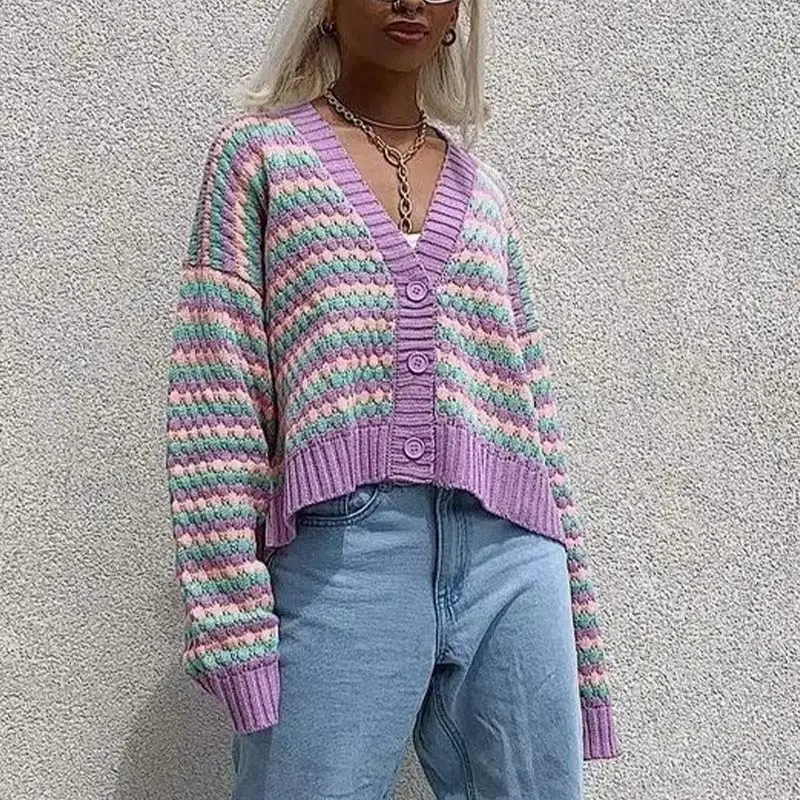 Женский кардиган с длинным рукавом фиолетовый Свободный Повседневный свитер