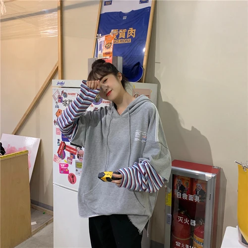 Повседневные свободные темно синие женские толстовки с капюшоном и длинным