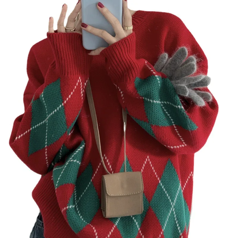 Рождественский женский свитер с рождественским принтом Санта-Клауса вязаный