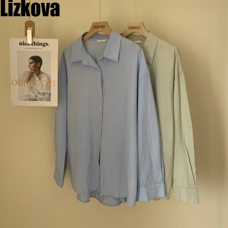 

Lizkova Summer 100% Cotton Blouse Women 2021 White Long Seelve Thin Chemise Femme Plus Size Casual Shirt