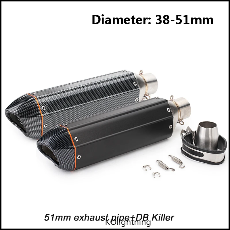 

38-51mm Adapter Exhaust Muffler Pipe With DB Killer for 420mm Motorcycle Stainless Steel Carbon Fiber Coating Silencer System