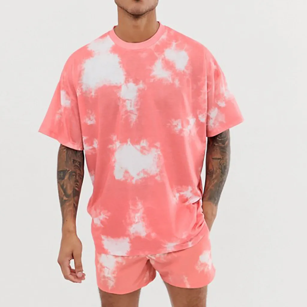 Mens T-shirt Short Sets Short Sleeve Tie-Dye Print Leisure Male Tshirts 2 Piece Outfit Set Summer Casual Tops Tees Clothing
