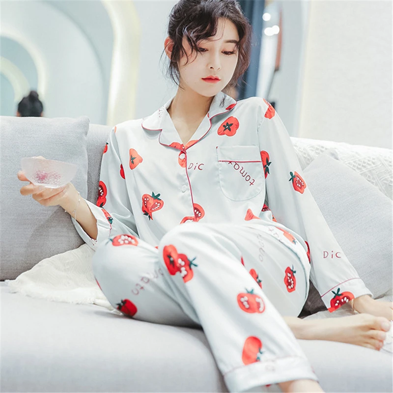 

Sexy ladies pajamas sweet, casual, comfortable and soft cardigan two-piece high elastic imitation silk home service suit JJF0143