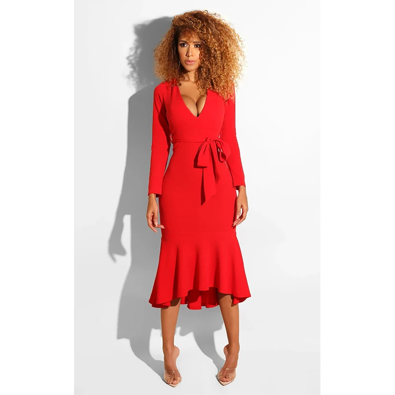 

Echoine Dress Long Sleeeve Dress Open Up Deep V-neck Midi Dress Front Tie Long Sleeve Women Autumn Dress Vestidos