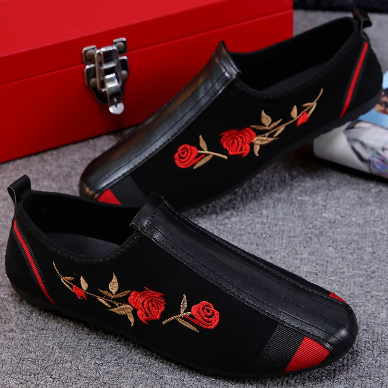 Мужские мокасины с красной вышитой розой лоскутные лоферы из искусственной