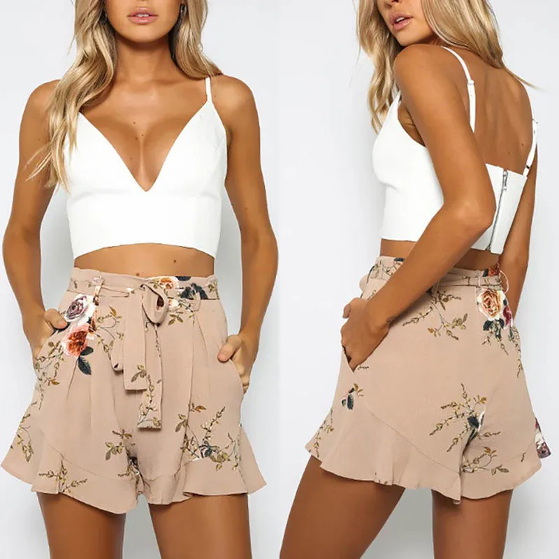 

Women Vintage Floral Shorts Summer Casual Bow Lady Beach High Waist Short Trousers