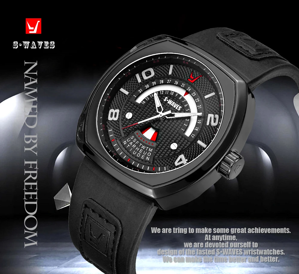 

SWAVES Week Watch Men Leather Sports Casual Wristwatch Mens Clock Waterproof Unique Fashion Complete Calendar Relogio Masculino