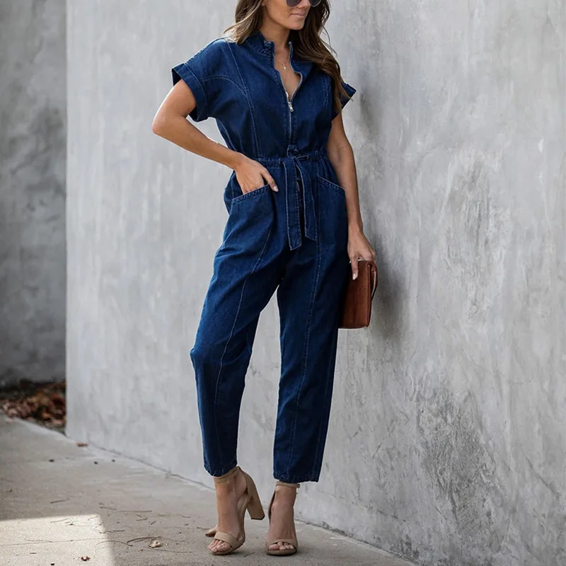 Женский Повседневный джинсовый комбинезон на молнии с v образным вырезом и