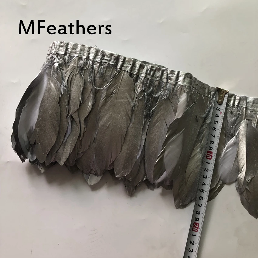 MFeathers 2 Yards Silver Goose Feather Trim 15-20cm 6-8inch Real Geese Fringes Ribbons Dress Skirt Cloth Belt decoration |